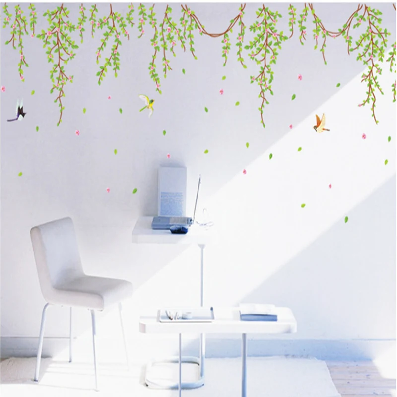 Большая наклейка с зелеными листьями и розовыми цветами виниловая настенная