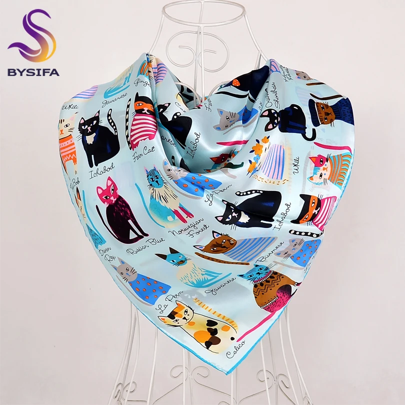 

BYSIFA Twill Scarves New Light Blue 100% Silk Women Scarf Cape Spring Autumn Brand Cartoon Cat Large Square Scarves Head Scarf