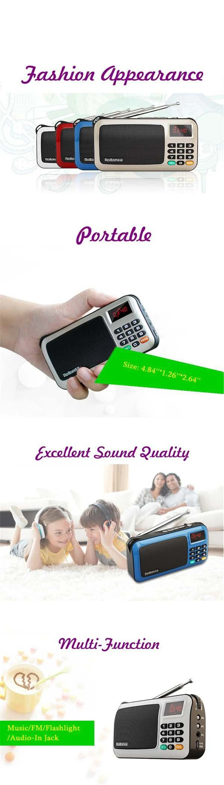 Мини Портативный FM радио Rolton W405 перезаряжаемый Ручной FM MP3 музыкальный плеер динамик USB TF радиоприемник с светодиодный дисплеем