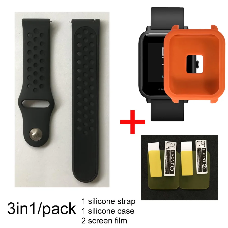 black-orange case 3в1 ремешок для часов Huami Amazfit ремешок Bip для Amazfit Bip чехол силиконовый ремешок защитный чехол для экрана аксессуары - Цвет: black-orange case