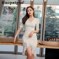 large size lace patchwork summer dress 2019 half sleeve ruffles casual dress women empire trumpet korean wrap dress plus size