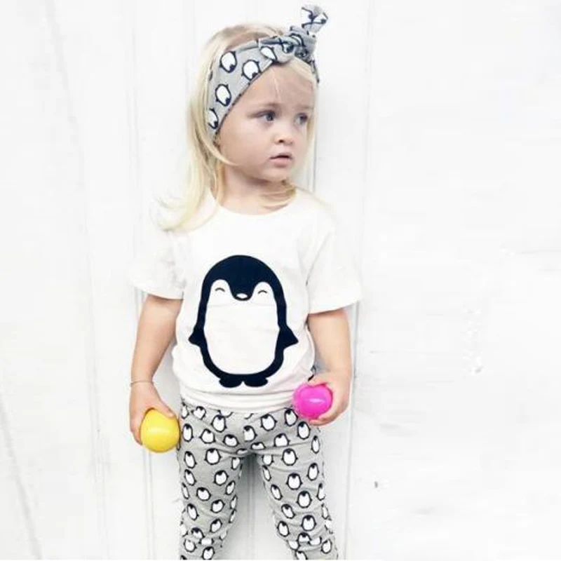 Одежда для маленьких девочек 2017 г. хлопок короткий рукав Футболка + Брюки повязка