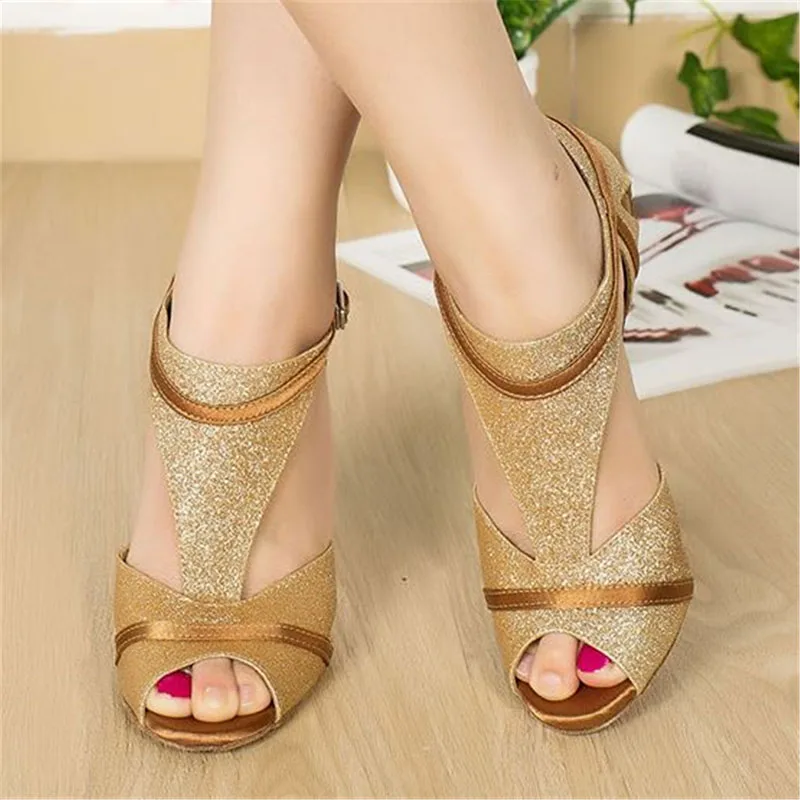 

HXYOO Glitter T-strap Women Latin Dance Shoes Gold Ballroom Dance Shoes Salsa Shoes Girls Ladies Heels 10cm 8cm 7cm 6cm JYG870