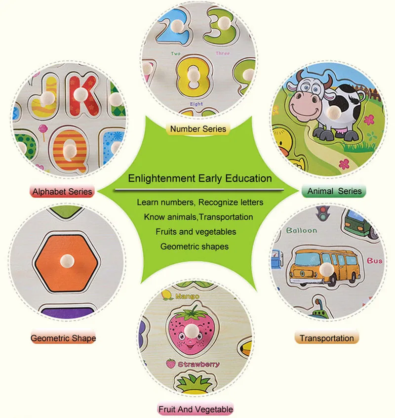 Children Montessori Educational Wooden Jigsaw Puzzle Toy Hand Grab Board Set Geometric Shape Colour Numbers Alphabet Toys | Игрушки и