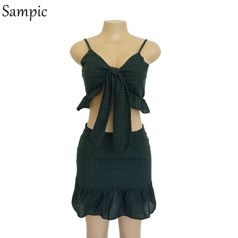 Женский Повседневный комплект из 2 предметов Sampic клетчатый короткий топ на