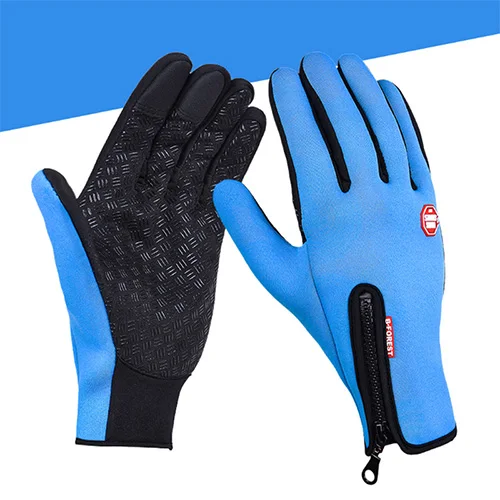 Light blue Водонепроницаемые зимние теплые перчатки, ветрозащитные уличные перчатки, утолщенные теплые варежки, перчатки для сенсорного экрана, мужские перчатки для велоспорта унисекс - Цвет: Light blue