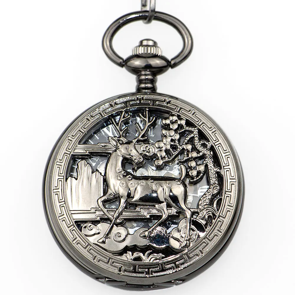 

Best Vintage Silver Deer Mehcanical Pocket Watch Men Steampunk Hollow Skeleton Fob Hand Winding with Fob Chain Neckalce PJX1337