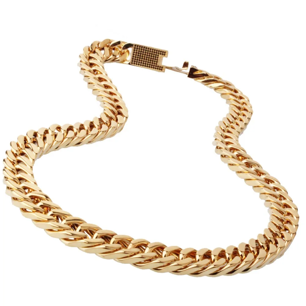 

15mm Wide Fashion 316L Stainless Steel Gold Tone Double Cuban Curb Link Chain Men Women Jewelry Necklace Or Bracelet Black Stone