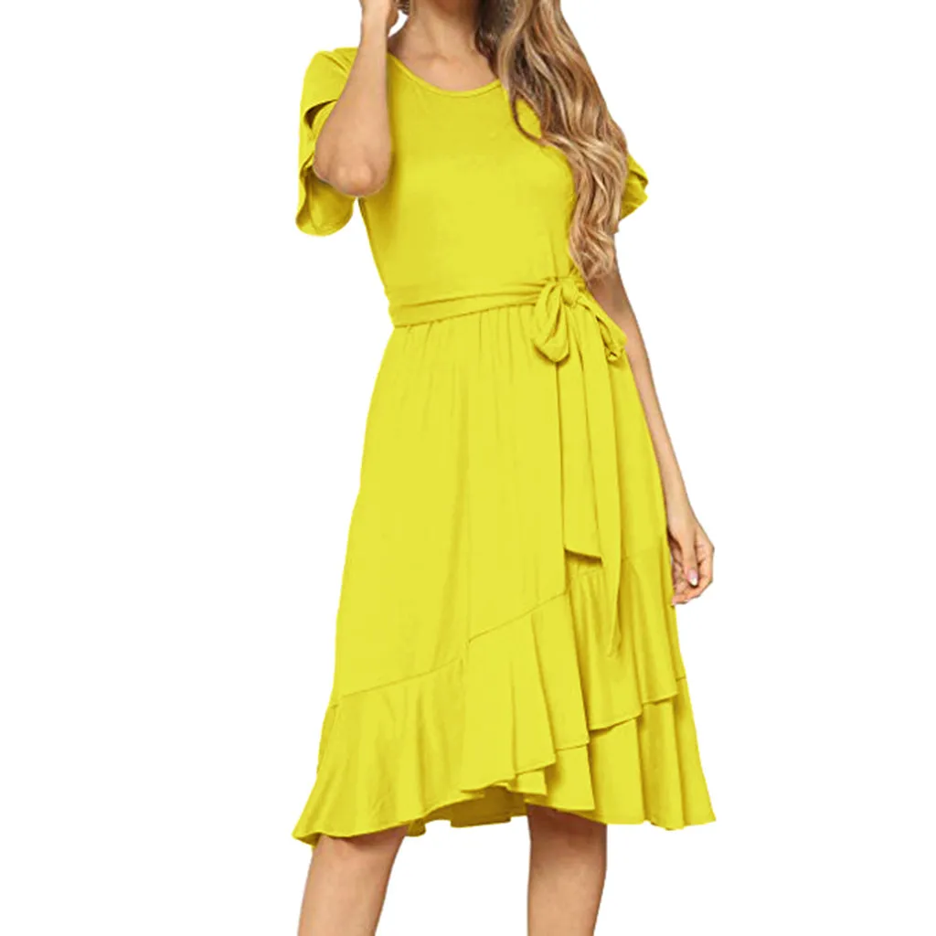 Женское платье с короткими рукавами простые повседневные бретельки на талии