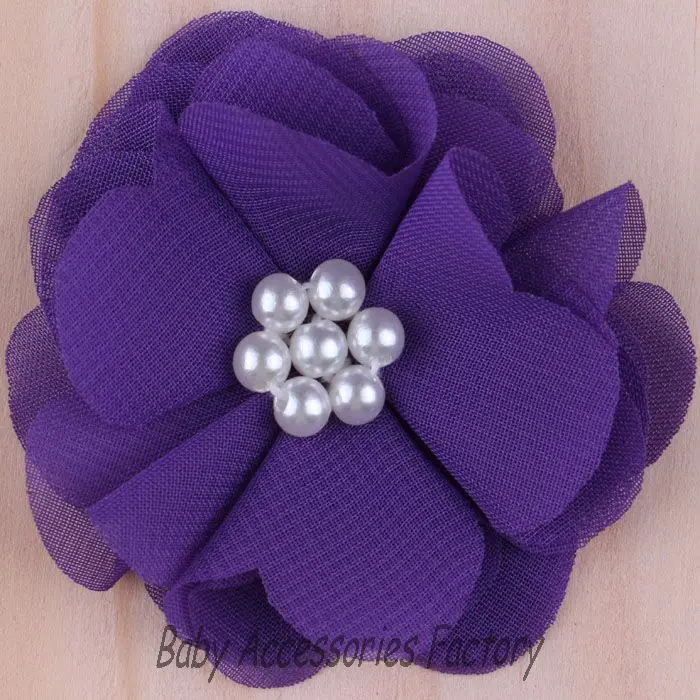 (120 шт./лот) Модные шифоновые цветы из ткани с шикарным жемчужным центром для детей