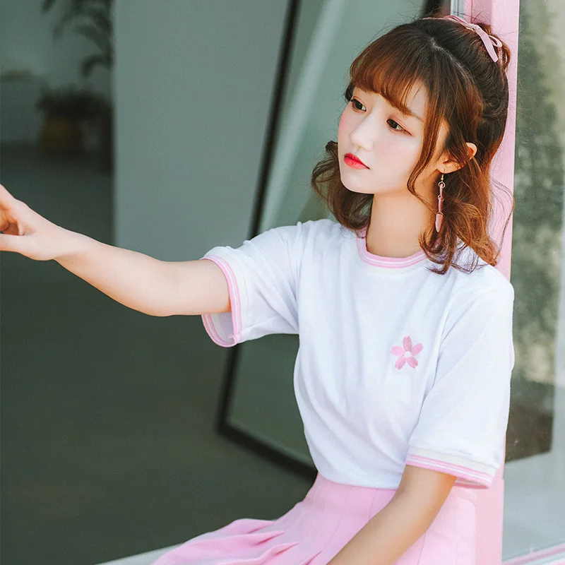 2020 ulzzang harajuku корейский стиль летний топ модные милые цветы вышивка Вишня мозаика