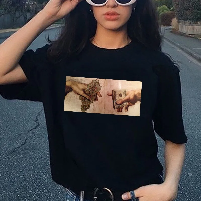 hahayule 1pcs hand of god funny tshirt Creation Adam Drug Deal Unisex Meme T-Shirt Hipster Grunge Funny Tee | Женская одежда