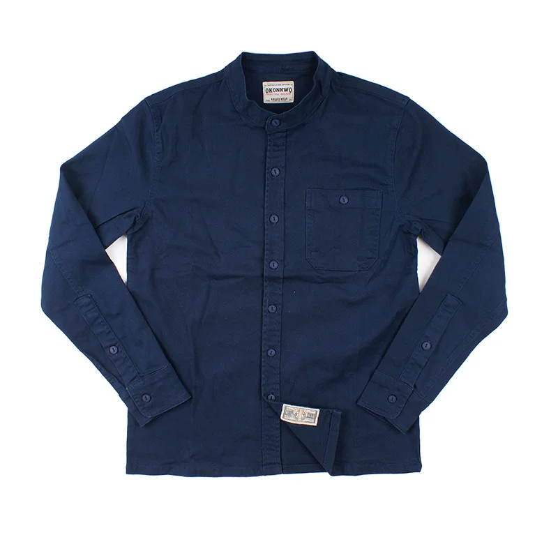dark blue Клетчатая белая уличная рубашка без воротника Мужская Camisa Social Masculina мужские рубашки с длинным рукавом Повседневная приталенная сорочка Homme для мужчин - Цвет: dark blue