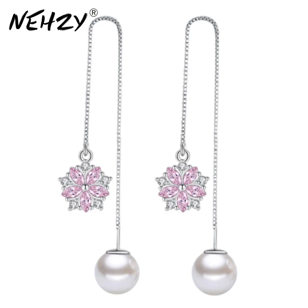 NEHZY новые женские модные серебряные серьги с кристаллами высокого качества в стиле ретро милый цветок пресноводный жемчуг длинные популярн...