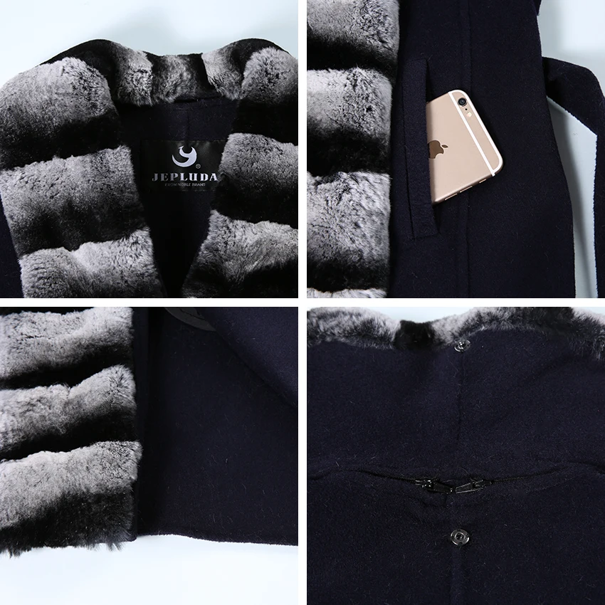 JEPLUDA Fashion Cashmere Coat Women With Genuine Rex Rabbit Fur Lapel Collar winter Real Leather Jacket Women|real fur coat|fur coat genuinefur real