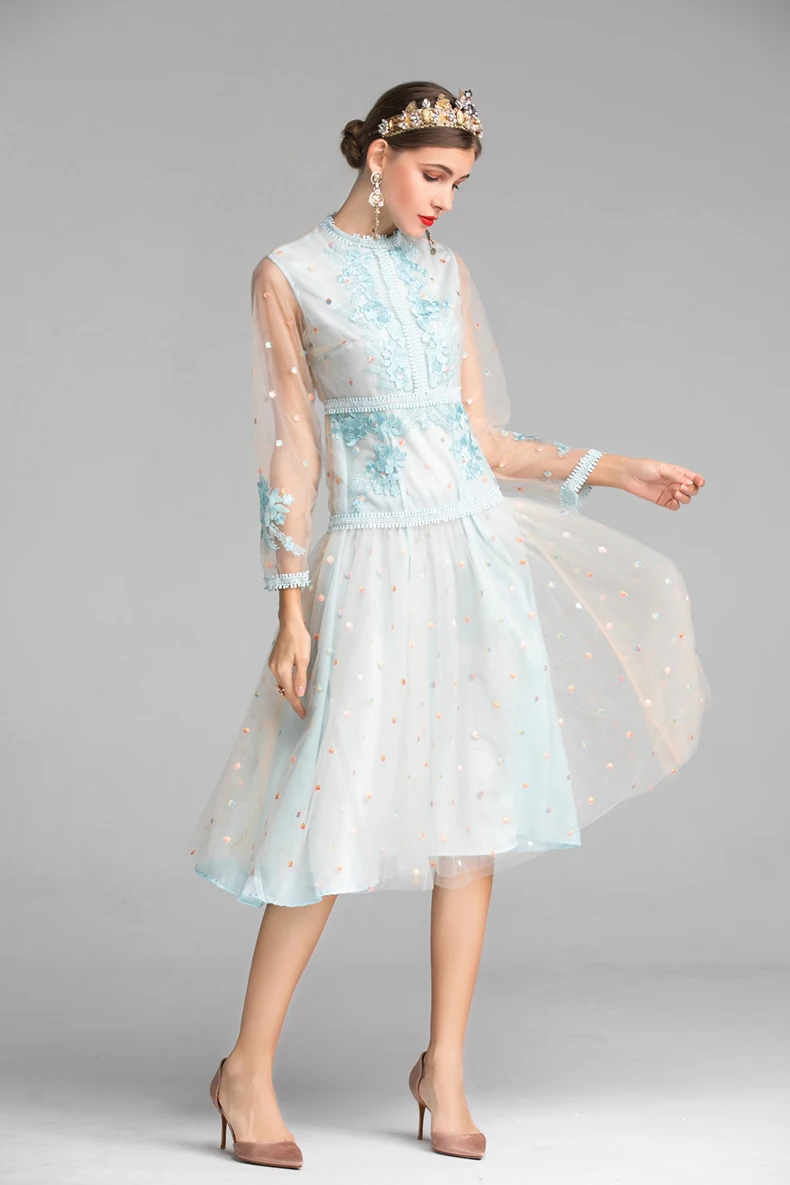 Женское подиумное дизайнерское платье с круглым вырезом и длинными рукавами