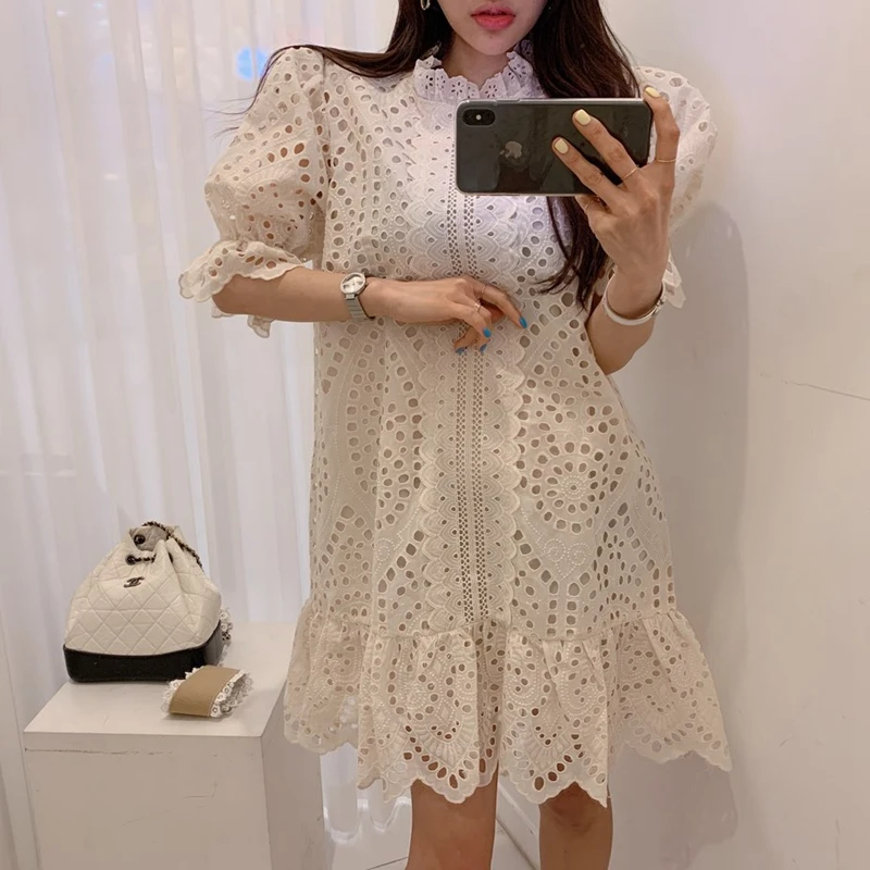 Подиумное платье для женщин корейская мода стоячий воротник пышные рукава