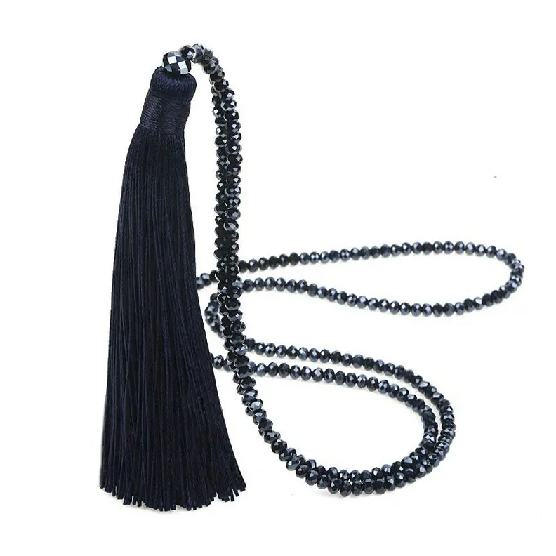 Navy Blue Модное Длинное Ожерелье с шелковой кисточкой, женские стеклянные бусины из хрусталя, подвески, ожерелье с кольцом, винтажное богемное ювелирное изделие - Окраска металла: Navy Blue