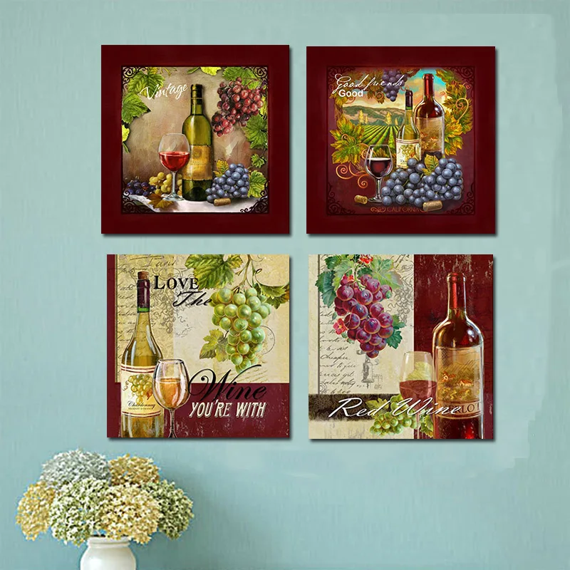 4 Piece Modern Kitchen Grape Red Wine Cup Bottle Canvas Paintings Wall Art Set Bar Dinning Decor Picture for Living Room | Дом и сад