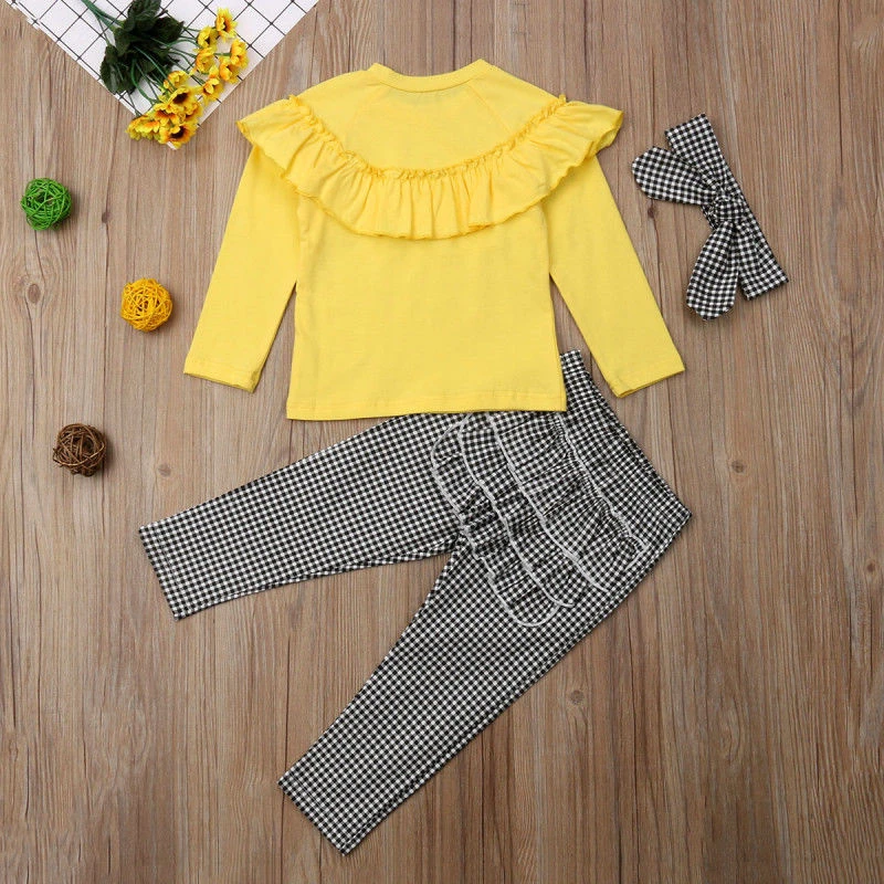 Child Baby Girl Ruffle Plaid Clothes Set Autumn/Winter Yellow Blouse Shirts Tops+Long Pants+Headband Cute Kids Girls Outfits | Мать и