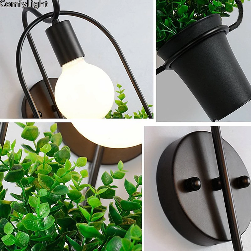 Potted Plant wall Light Garden Creative Modern Lightshade Flower Pots for Growing Herbs black iron LED E27 kid room cafe lamp | Лампы и