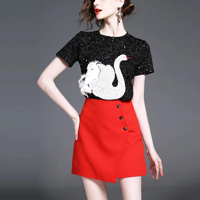 Женский комплект одежды Летние черные блестящие футболки с принтом неба лебедем
