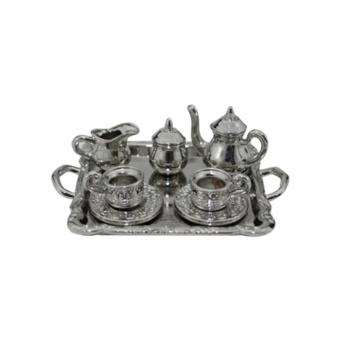 

1: 12 Dollhouse Furniture Miniature Dining Ware Toy 8 Pcs Metal Tea Set Teapot Cup Plate Length 6.5cm