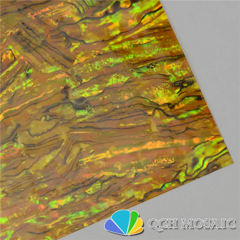 

Dyed yellow New Zealand paua abalone shell laminate sheet for musical instrument and wood inlay qch27