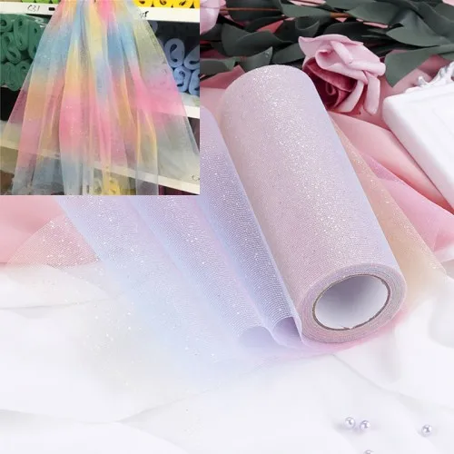 Blue pink yellow 10 Ярд/рулон, 6 дюймов, 15 см, Радужный Блеск, тюль, рулон, блестки, кристалл, органза, прозрачная ткань, сделай сам, ремесло, юбка-пачка, домашнее, свадебное украшение - Цвет: Blue pink yellow