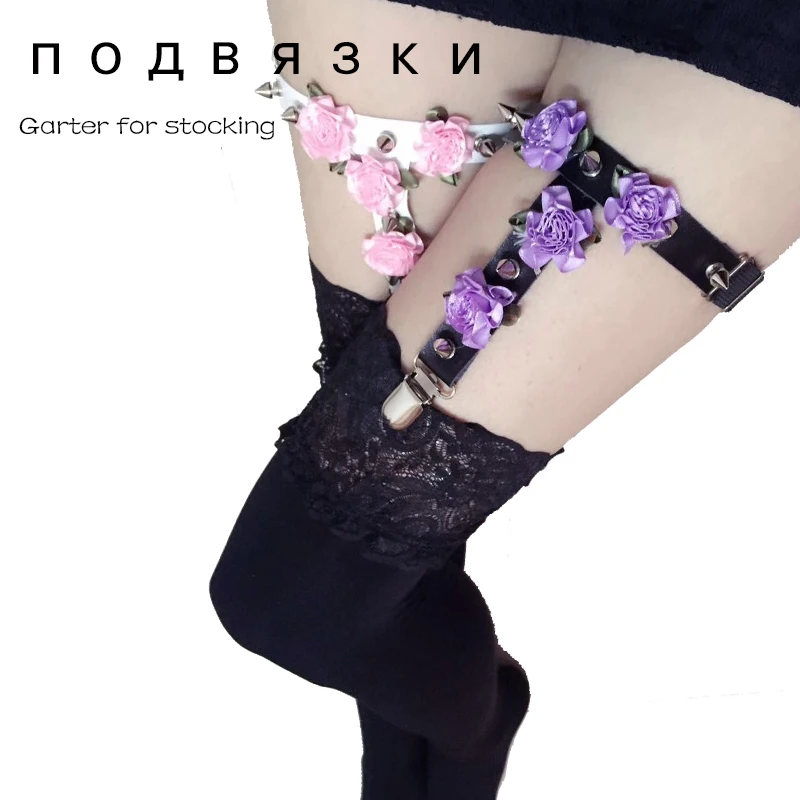 

Harajuku Women Garter Belt 2015 Rivets Punk Sexy Leg Garter W\Flowers Adjustable Size for Girl Gifts