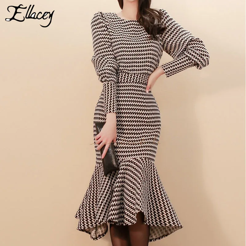 Ellacey Houndstooth Festival Mermaid Skirt Suit Ruffles Women's Sets Puff Sleeve 2 Piece Ladies Plaid Formal Party Dress | Женская
