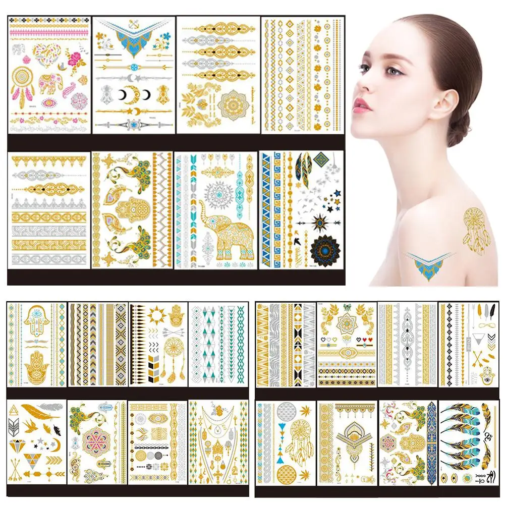 

Metallic Temporary Tattoos for Women Teens Girls - 8 Sheets Temporary Tattoos Glitter Shimmer Designs Jewelry Tattoos