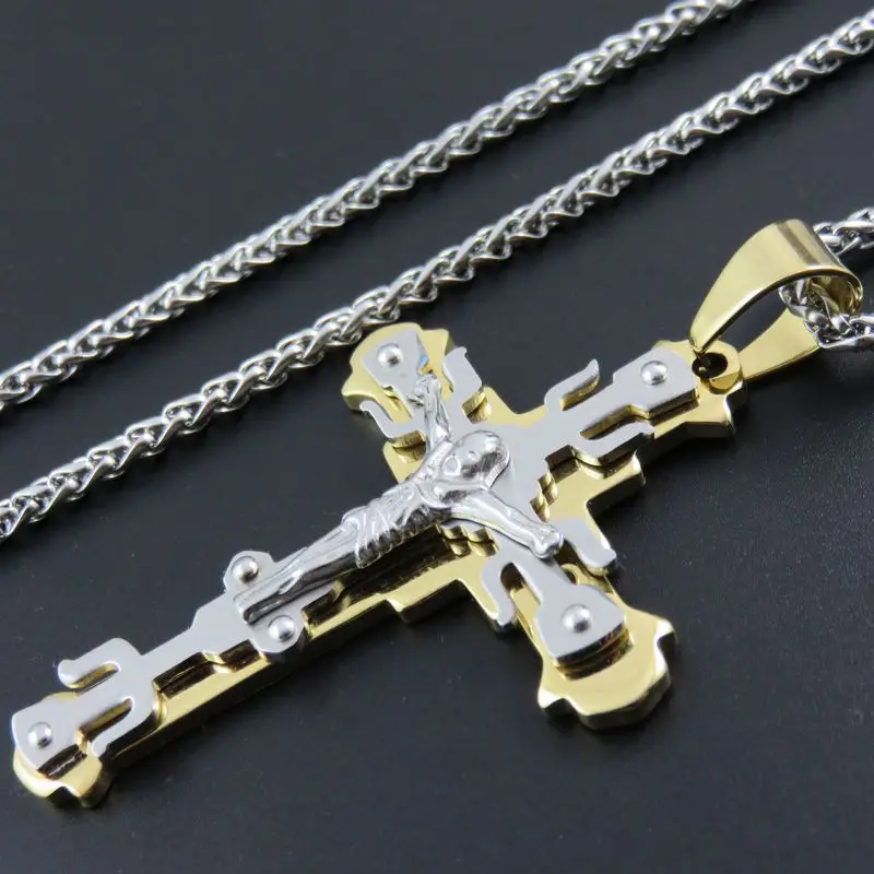 Золотой цвет 316L нержавеющая сталь Иисус огромный крест кулон из нержавеющей