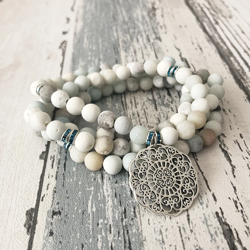 

108 Matte Amazonite Beaded OM Necklace Mandala Charm Boho Jewelry Women Healing Stone Mandala Necklace