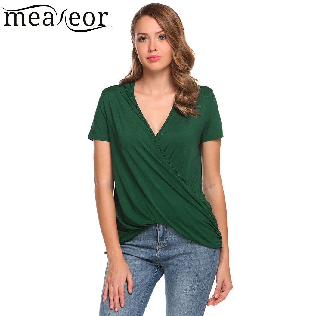 Женские футболки Meaneor повседневные однотонные с коротким рукавом и драпировкой