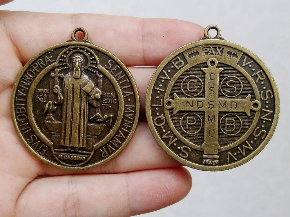 

Free Shipping 1pcs 40x50mm bronze Christian sacramental containing symbols text related to the life of Saint Benedict of Nursia