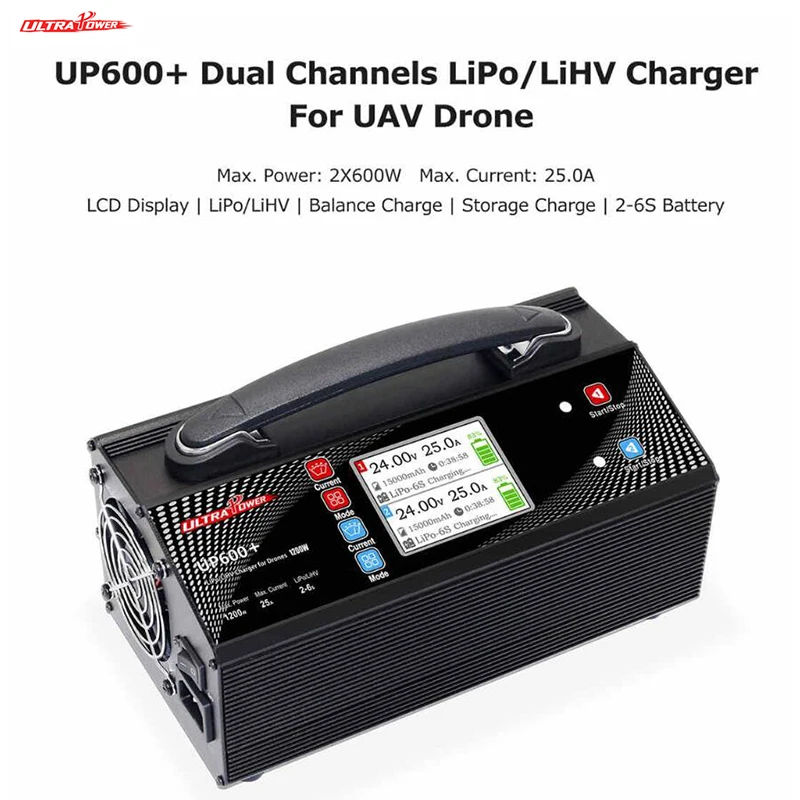 Оригинальный сверхмощный UP600 + 2x600w 25A 2-6S двухканальный Lipo/LiHV зарядное устройство для беспилотного дрона