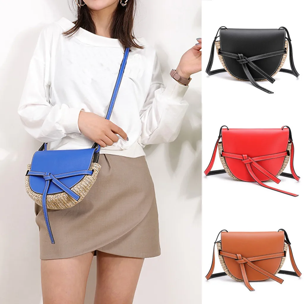 Женская соломенная сумка на плечо с бантом Диагональная Сумка из кожи простая