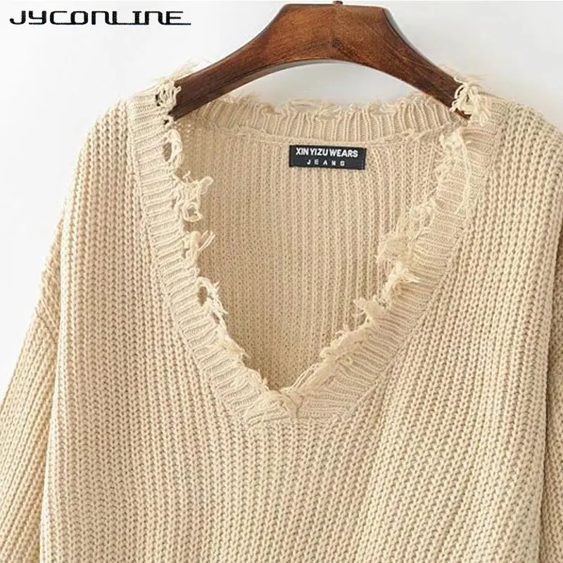 Сексуальный вязаный свитер JYConline женский джемпер черный белый рваный пуловер с