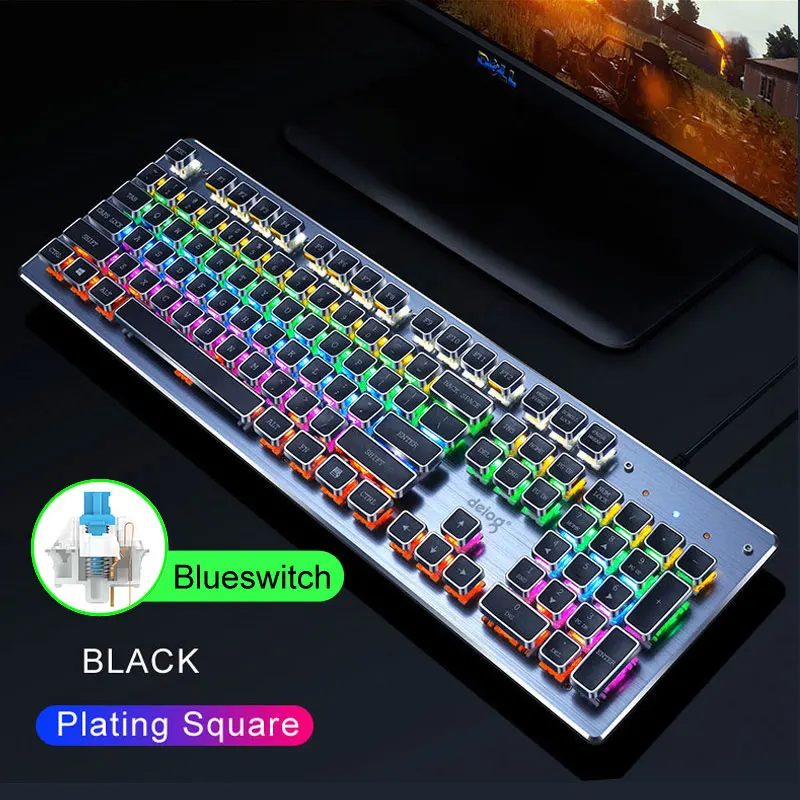 Square Plating black Игровая механическая клавиатура USB Проводная анти-ореолы металлическая панель красочная подсветка клавиатура Кристальное покрытие клавиши русская наклейка - Цвет: Square Plating black