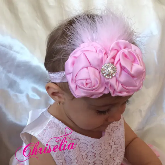Головная повязка для новорожденных девочек с розами и перьями на голову