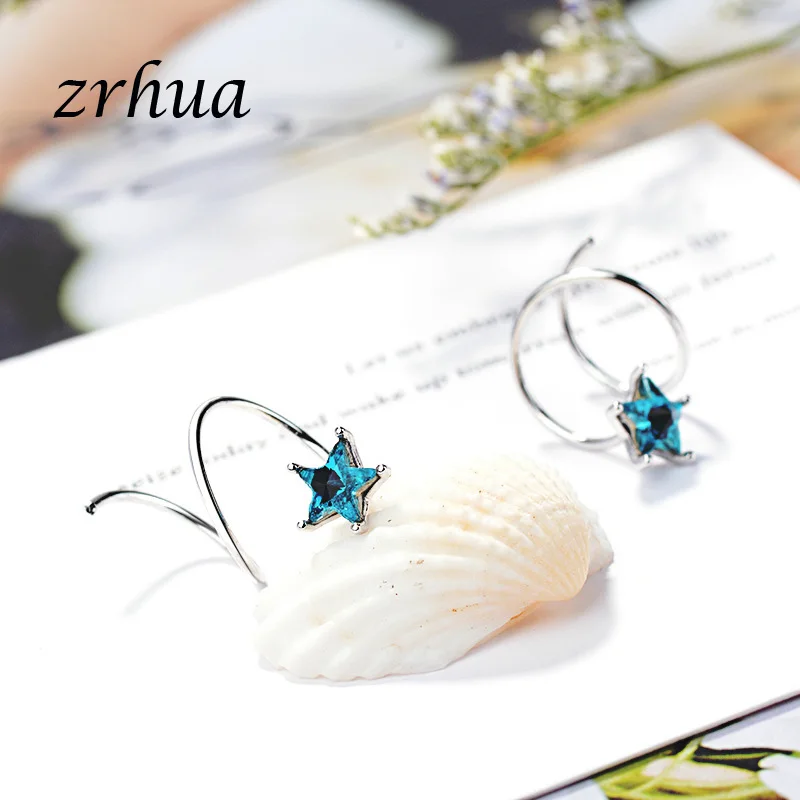 ZRHUA 925 стерлингового серебра серьги гвоздики с голубыми циркониевыми прозрачный