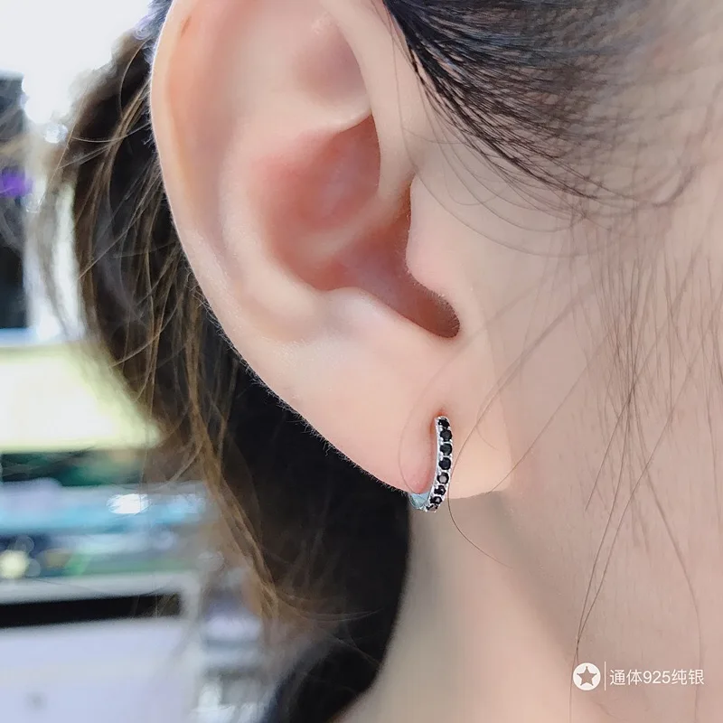 Серьги из стерлингового серебра 925 пробы, модные циркониевые белые и черные круглые маленькие кольца для ушей, Милые простые трендовые женские ювелирные изделия для ушей
