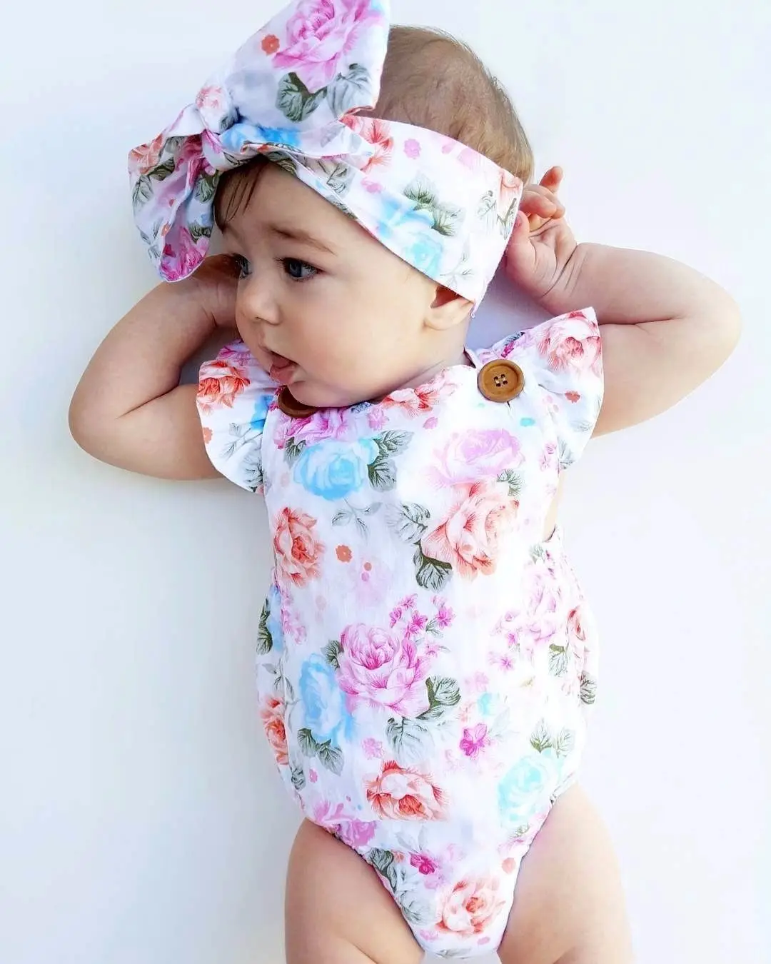 Toddler Infantil Newborn Baby Girls Floral Romper Fashion Jumpsuit Summer Headband 2PCS Sunsuit Outfit Set | Мать и ребенок