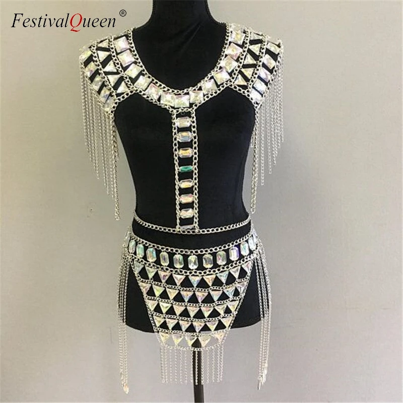 

FestivalQueen crystal gem metal chain patchwork tank top mini skirts sets women tassel backless nightclub party 2 pieces set