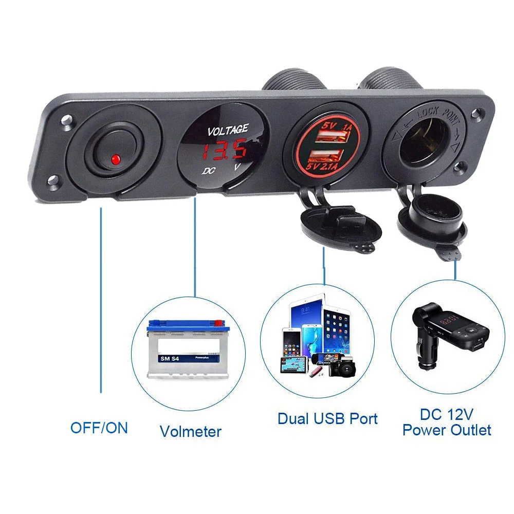 Новый 4 переключатель отверстия Панель Dual USB Порты и разъёмы 12 в гнездо для