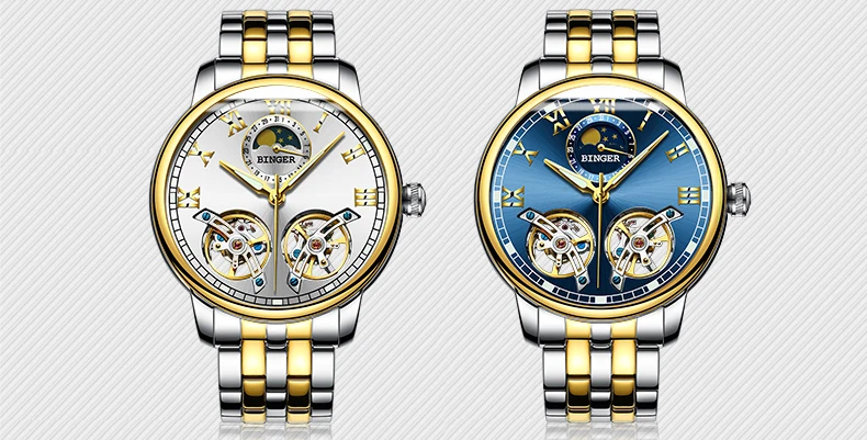 Double tourbillon Luxury Men watch Automatic mechanical Watch BINGER Famous Brand Watch Gold Case Blue Dial Double relogio