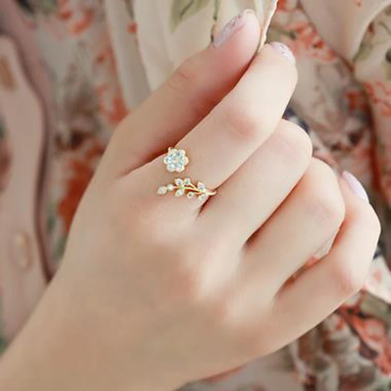Korean Twisted Leaves Flower Rhinestone Open Ring Gold Silver Color Finger For Women Statement Adjustable Wholesale | Украшения и