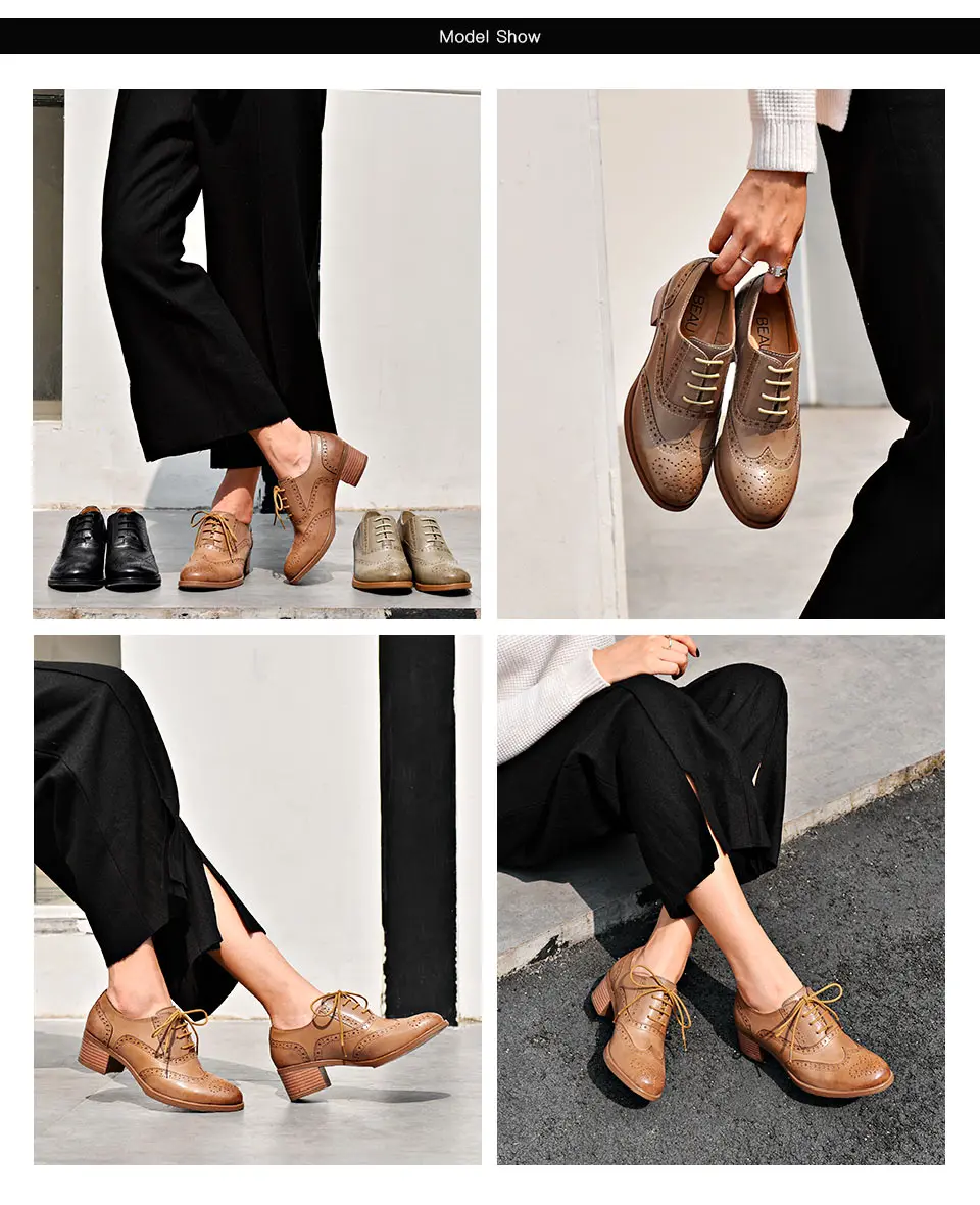 BeauToday Women Oxfords Sheepskin Genuine Leather Waxing Round Toe Lace-up Ladies Pumps Handmade A15114