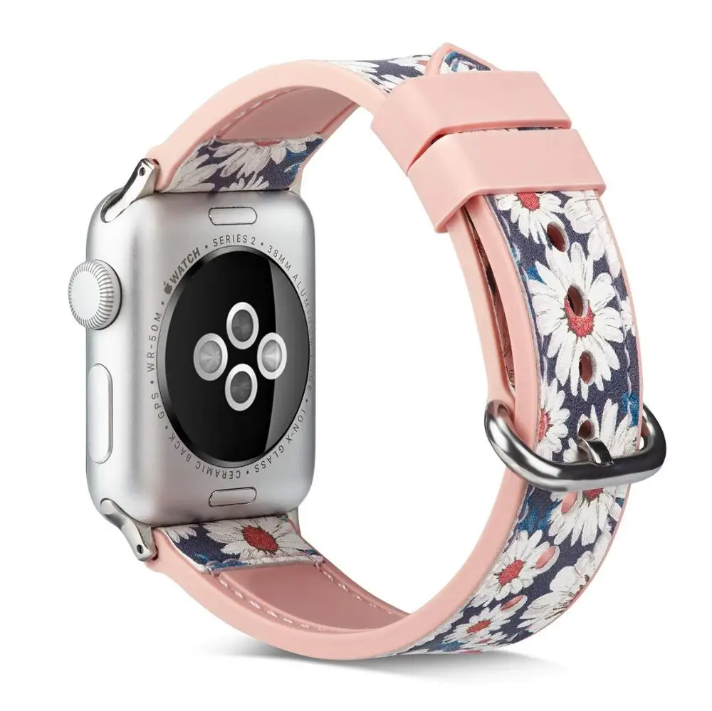 Dark Daisy Ремешок для Apple Watch, 38, 42 мм, версия 40/44 мм, с цветочным узором и изображением оленей из силикона и кожаный ремешок для наручных часов iWatch, ремешок для Apple Watch браслет Series 5 4 3 2 1 - Цвет ремешка: Dark Daisy